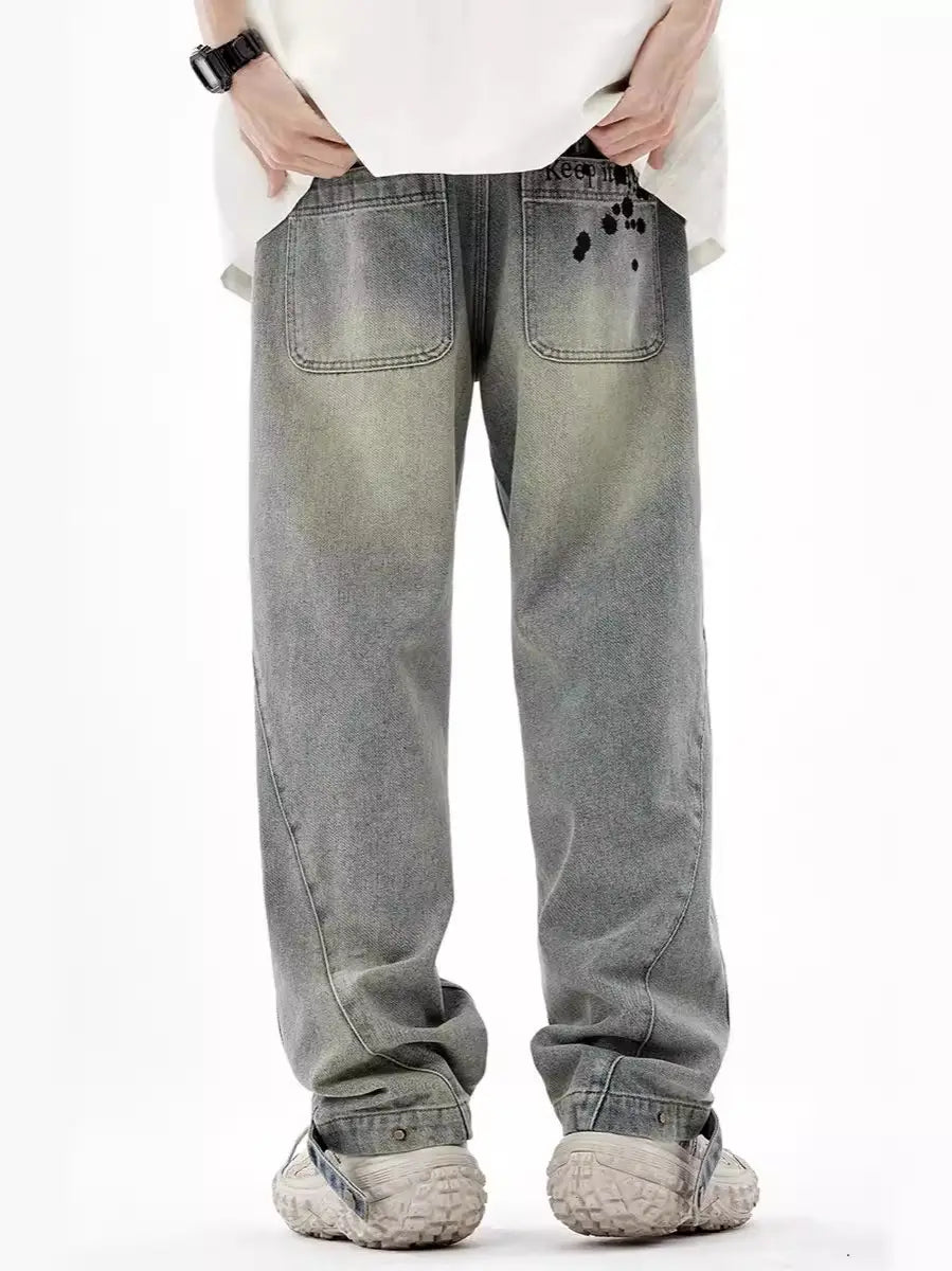 Men’s Washed Old Loose Wide-leg Straight Pants