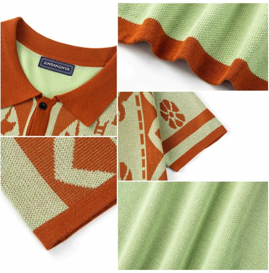 Jacquard Men’s Knitted Shirt Lapel Cardigan Short Sleeve Polo Shirt