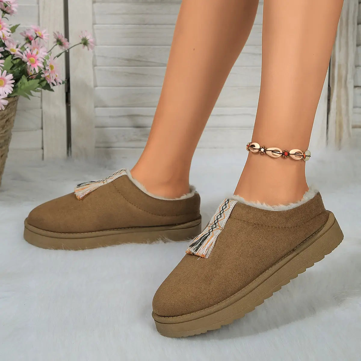 Winter Plush Home Slippers Fashion Round Toe Flat Suede Garden Shoes Indoor Warm Floor Bedroom Slipper For Women