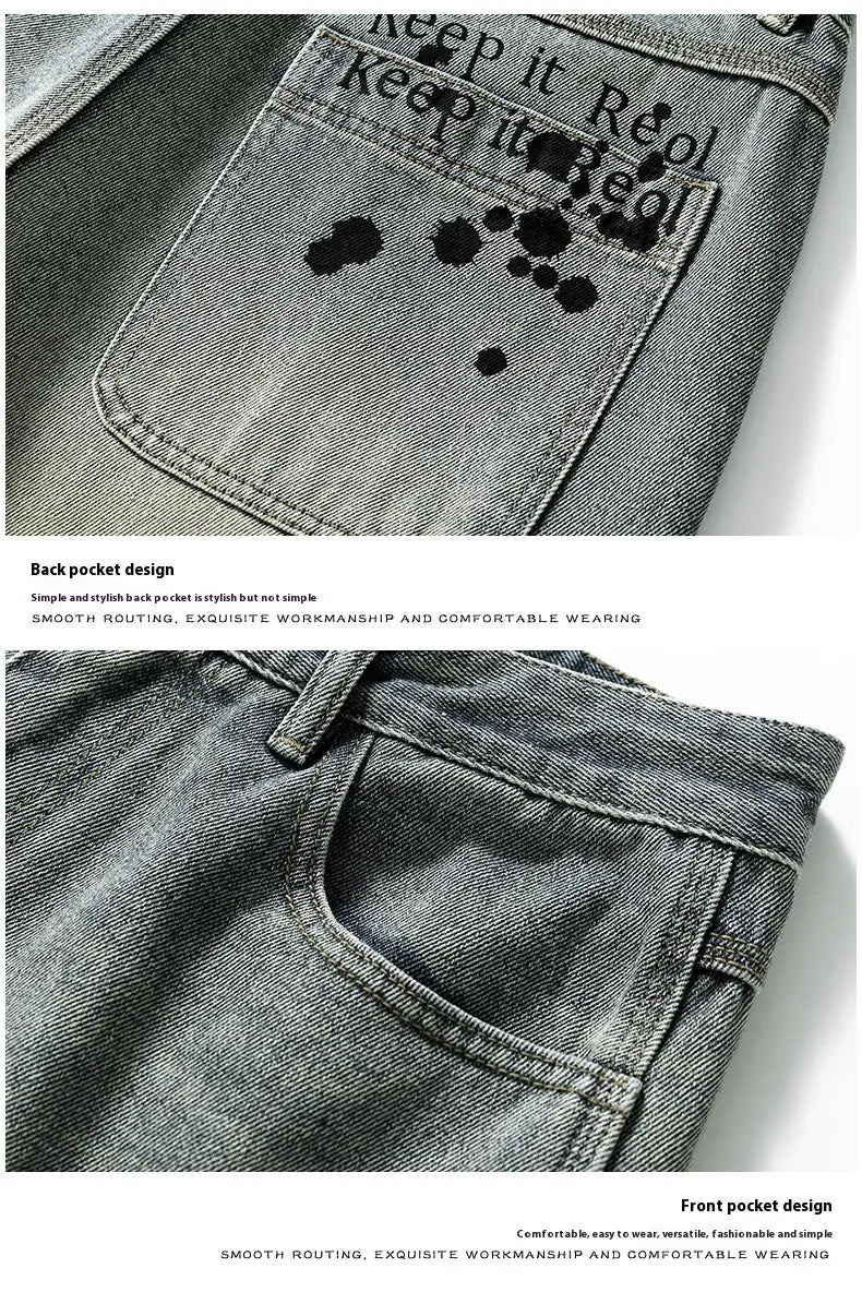 Men’s Washed Old Loose Wide-leg Straight Pants