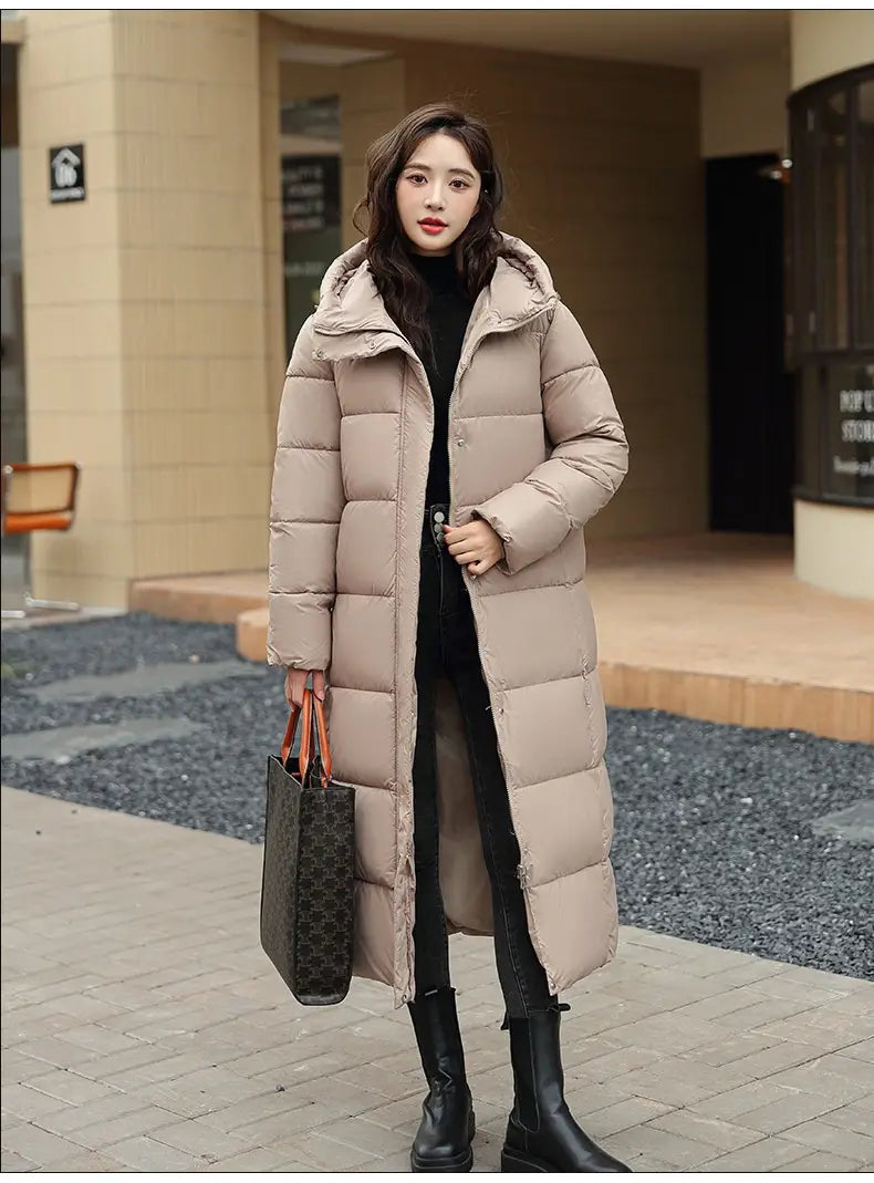 Women’s Super Long Down Jacket Winter Puffer Thick Coat Black Red Hooded Zipper Keep Warm Fall Winter Casual Clothes