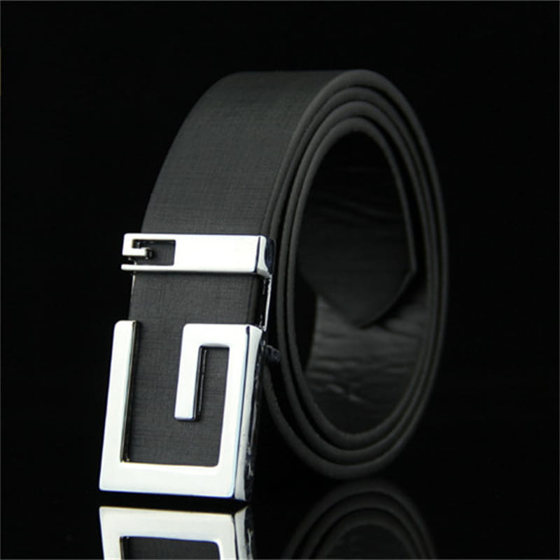 Black leather belt with silver G buckle in Men’s and Women’s Fashionable Belt collection.