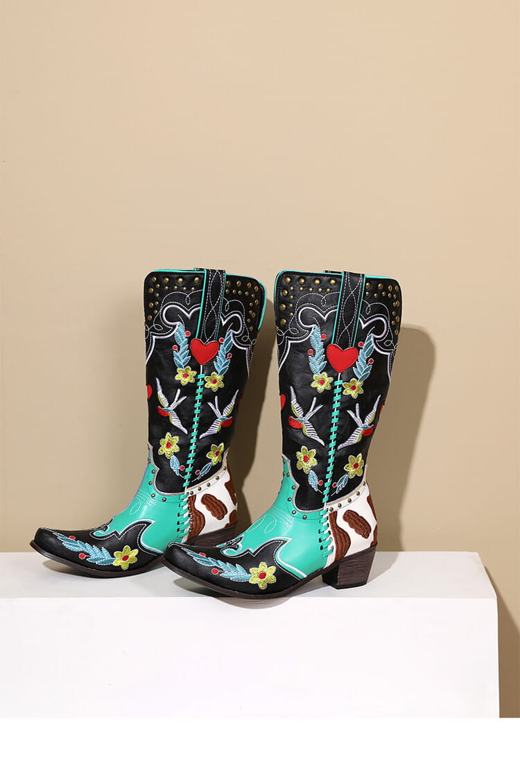 Denim Western Shoes Women’s Leather Boots Exquisite Embroidery