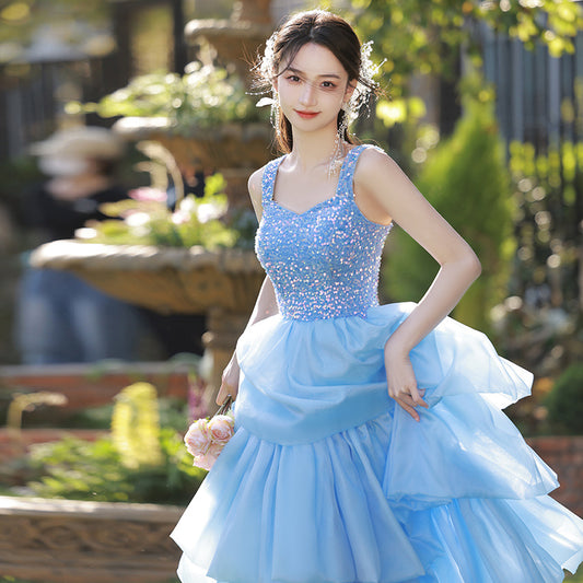 Women's Blue Halter Wedding Gown Birthday Host