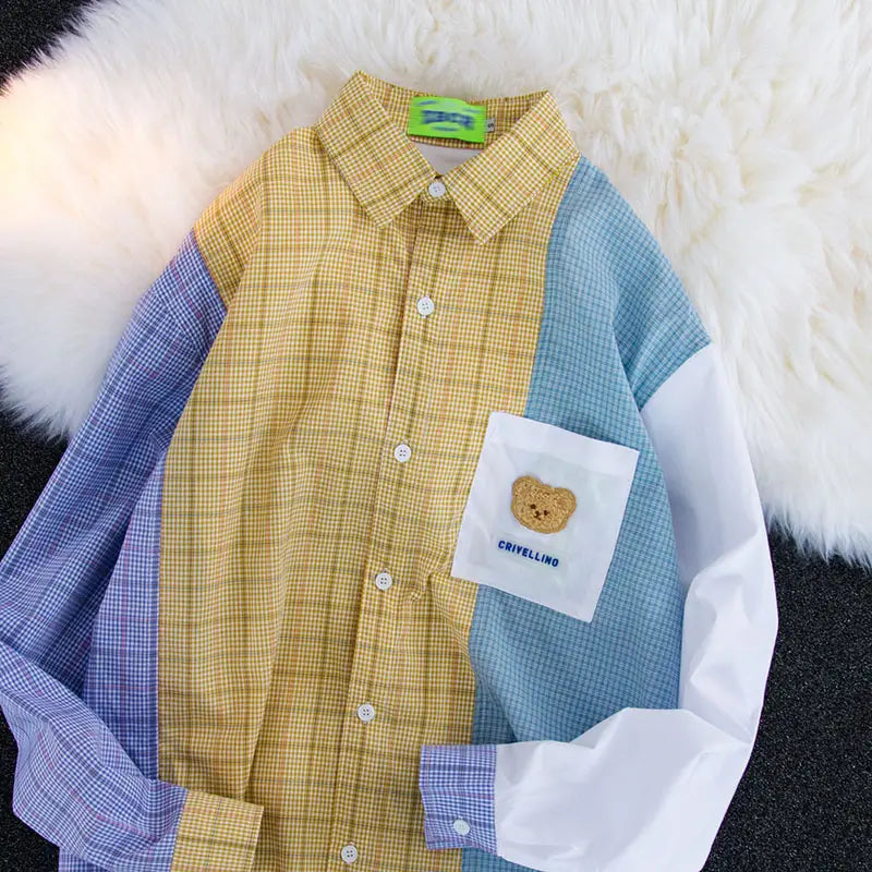 Design Sense Niche Contrast Color Stitching Plaid Shirt For Men And Women