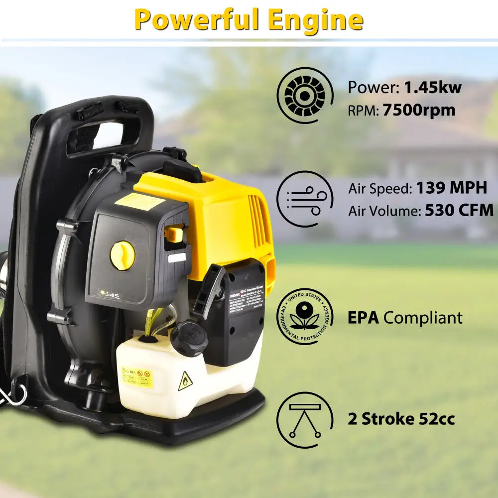 2 Stroke Commercial Backpack Leaf Blower Gas Powered Grass Lawn Blowing Machine - Yellow - 5