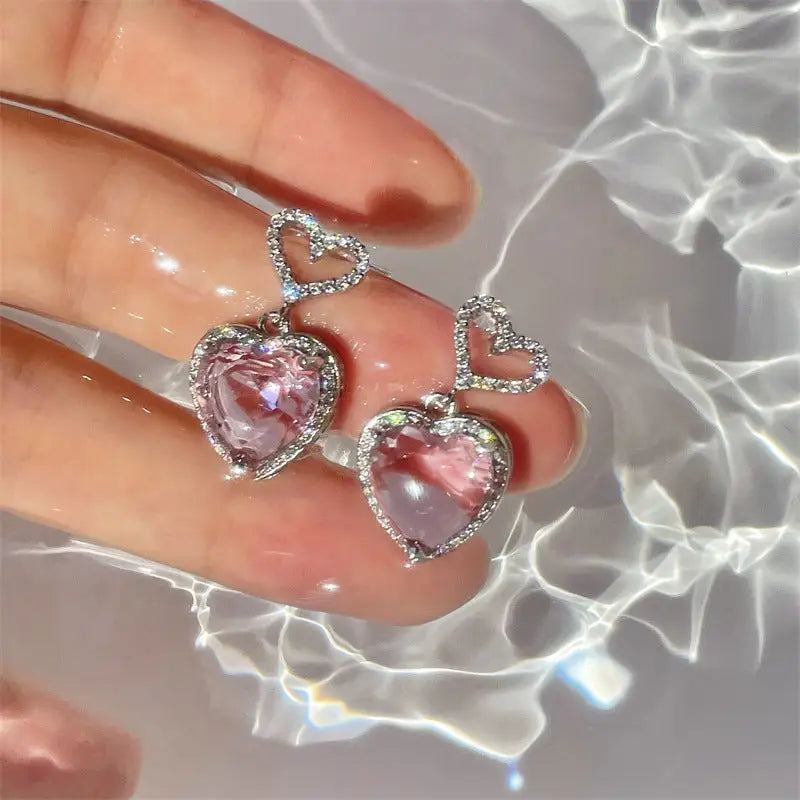 2023 New Light Luxury Premium Feeling Pink Crystal Heart Earrings For Women Girls Niche Design Earrings Birthday Jewellery Gift - Beyond Trends Hub 