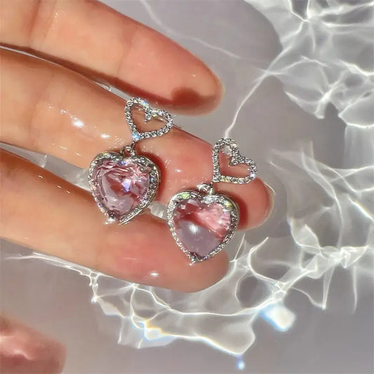 2023 New Light Luxury Premium Feeling Pink Crystal Heart Earrings For Women Girls Niche Design Earrings Birthday Jewellery Gift - Beyond Trends Hub 