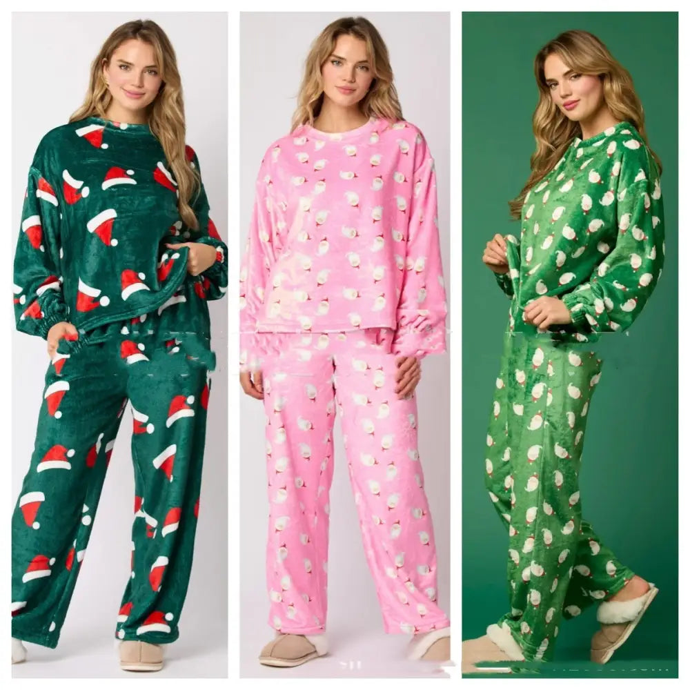 2024 Casual Flannel Pajama Sets For Women 2 Piece Cute Long Sleeve Matching Lounge Shirts Sets Santa Claus Pajamas