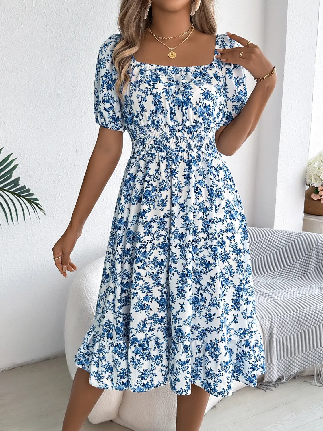 Floral Print Square Collar Dress Summer Fashion Ruffles Dresses Women’s Clothing
