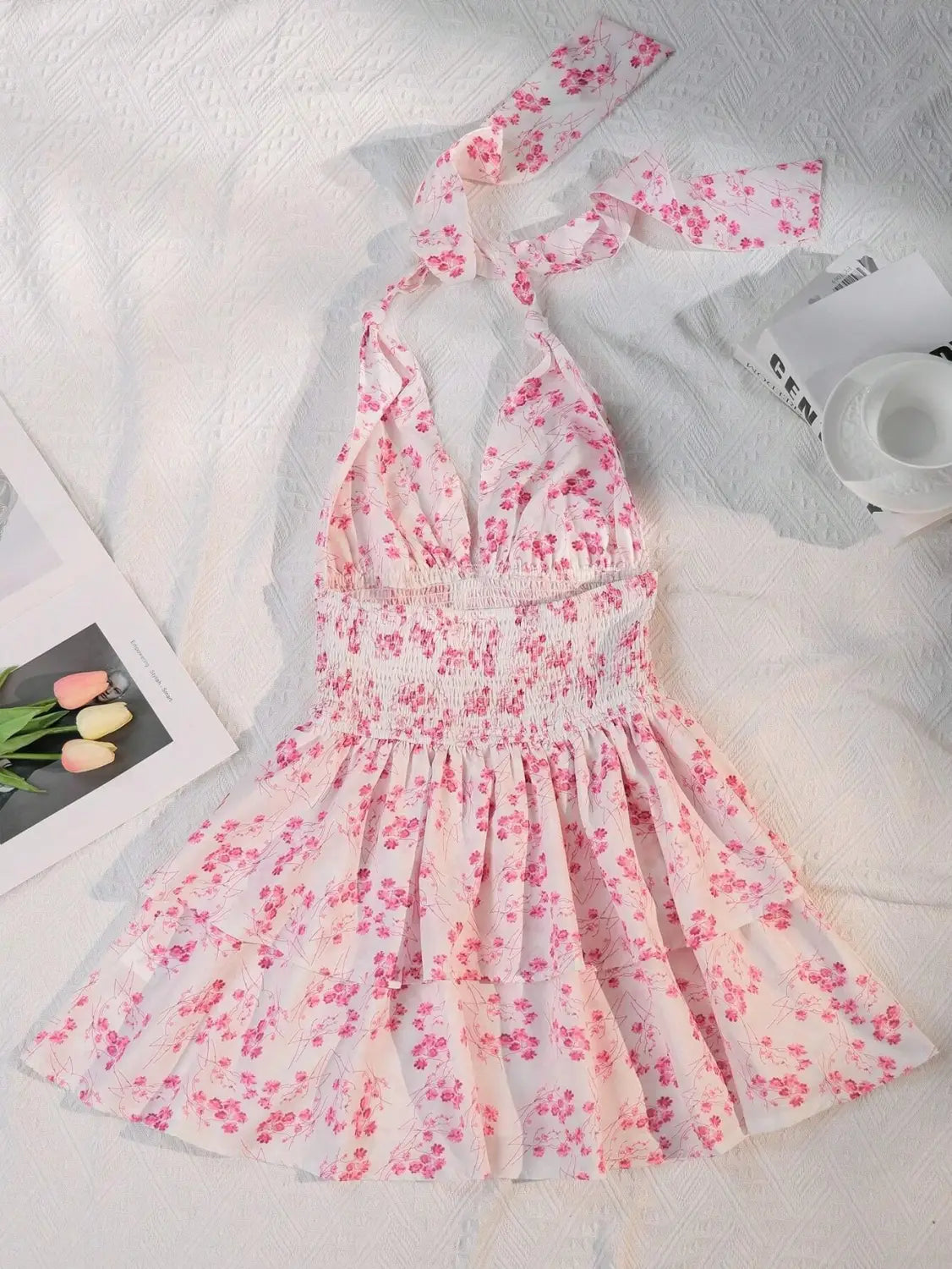 Women’s Holiday Floral Flounce Halterneck With Suspenders Backless Dress