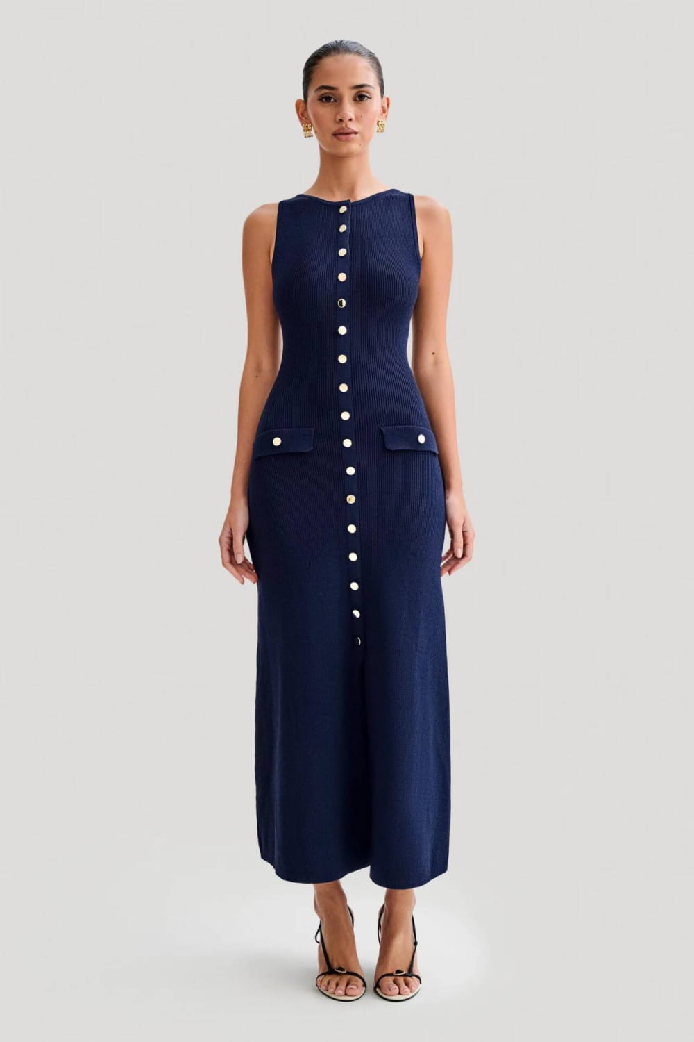 Elegant Knitted Sleeveless Dress With Single Breast Fashion Slim Round Neck Long Dresses Womens Clothing