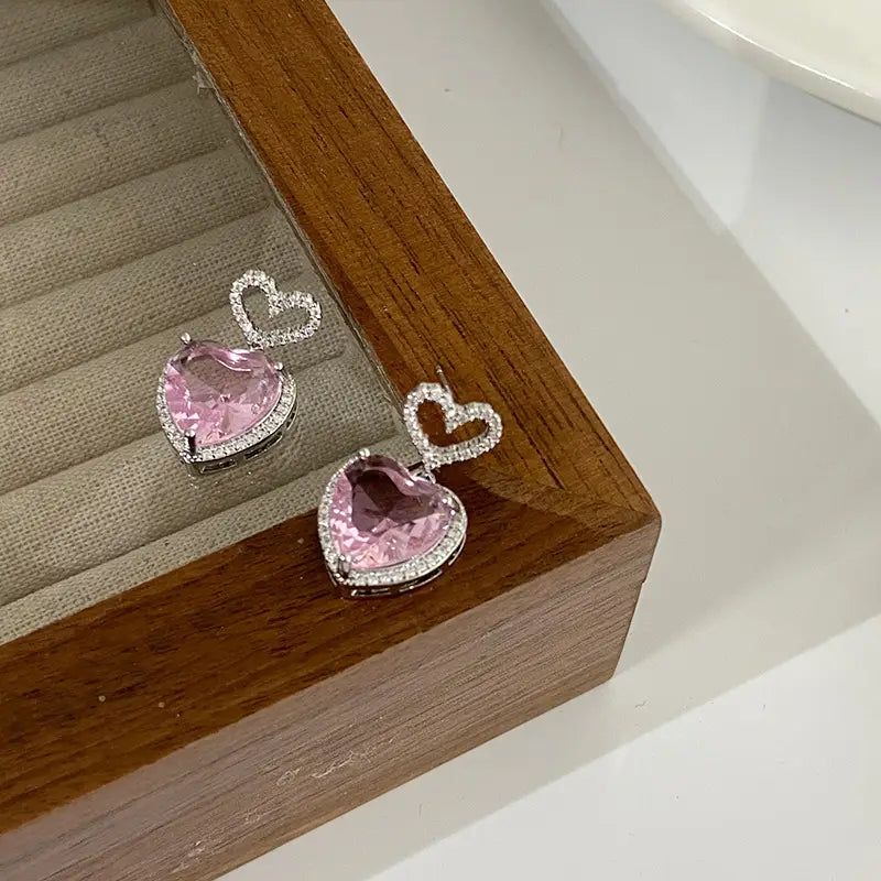 Light Luxury Premium Feeling Pink Crystal Heart Earrings For Women Girls Niche Design Earrings Birthday Jewellery Gift