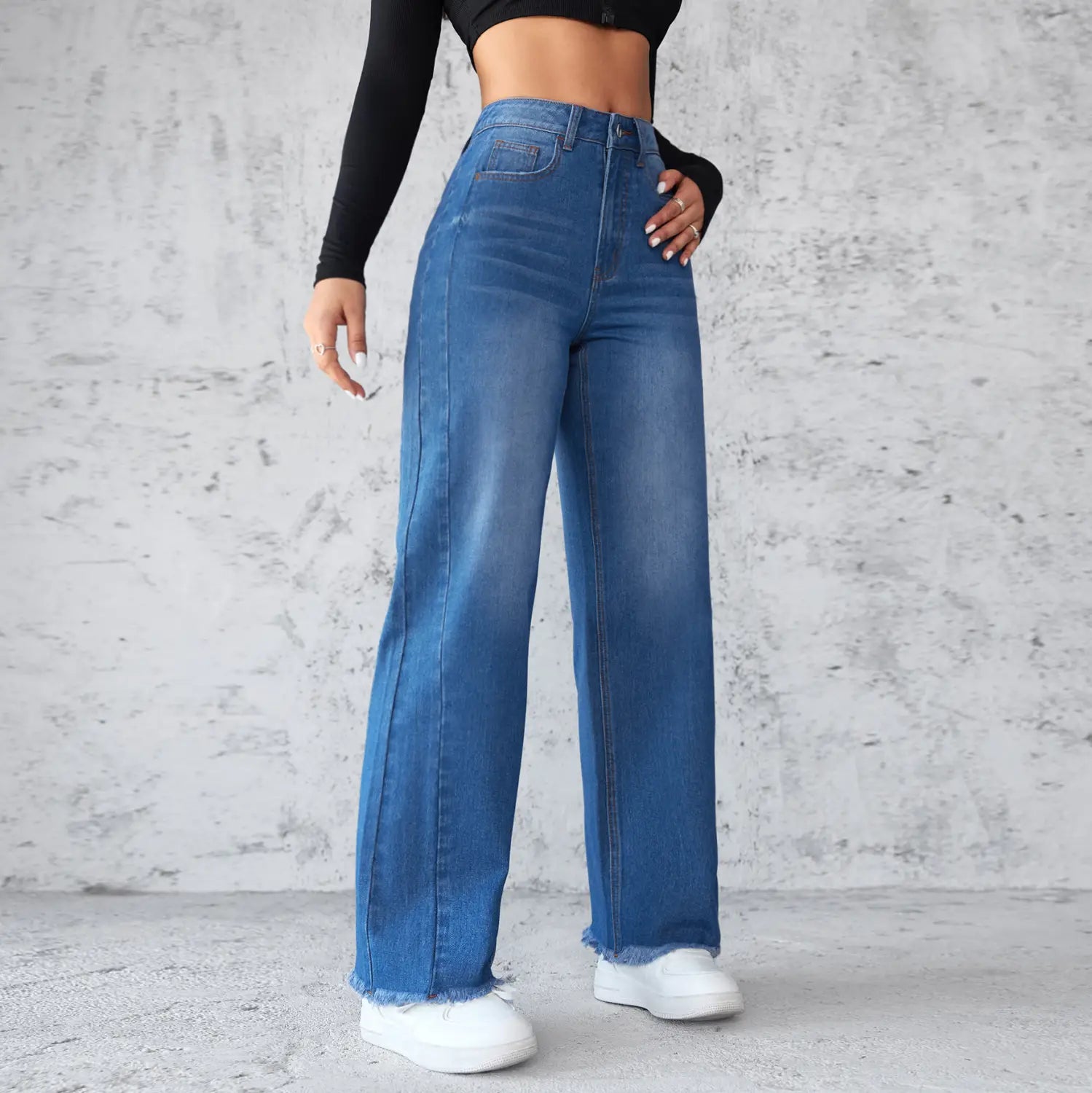 Fashion Straight Wide Leg Jeans Casual High Waist Non Elastic Women’s