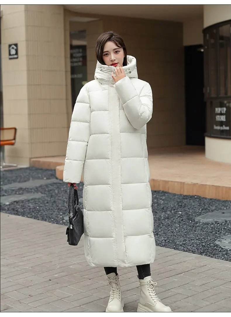 Women’s Super Long Down Jacket Winter Puffer Thick Coat Black Red Hooded Zipper Keep Warm Fall Winter Casual Clothes