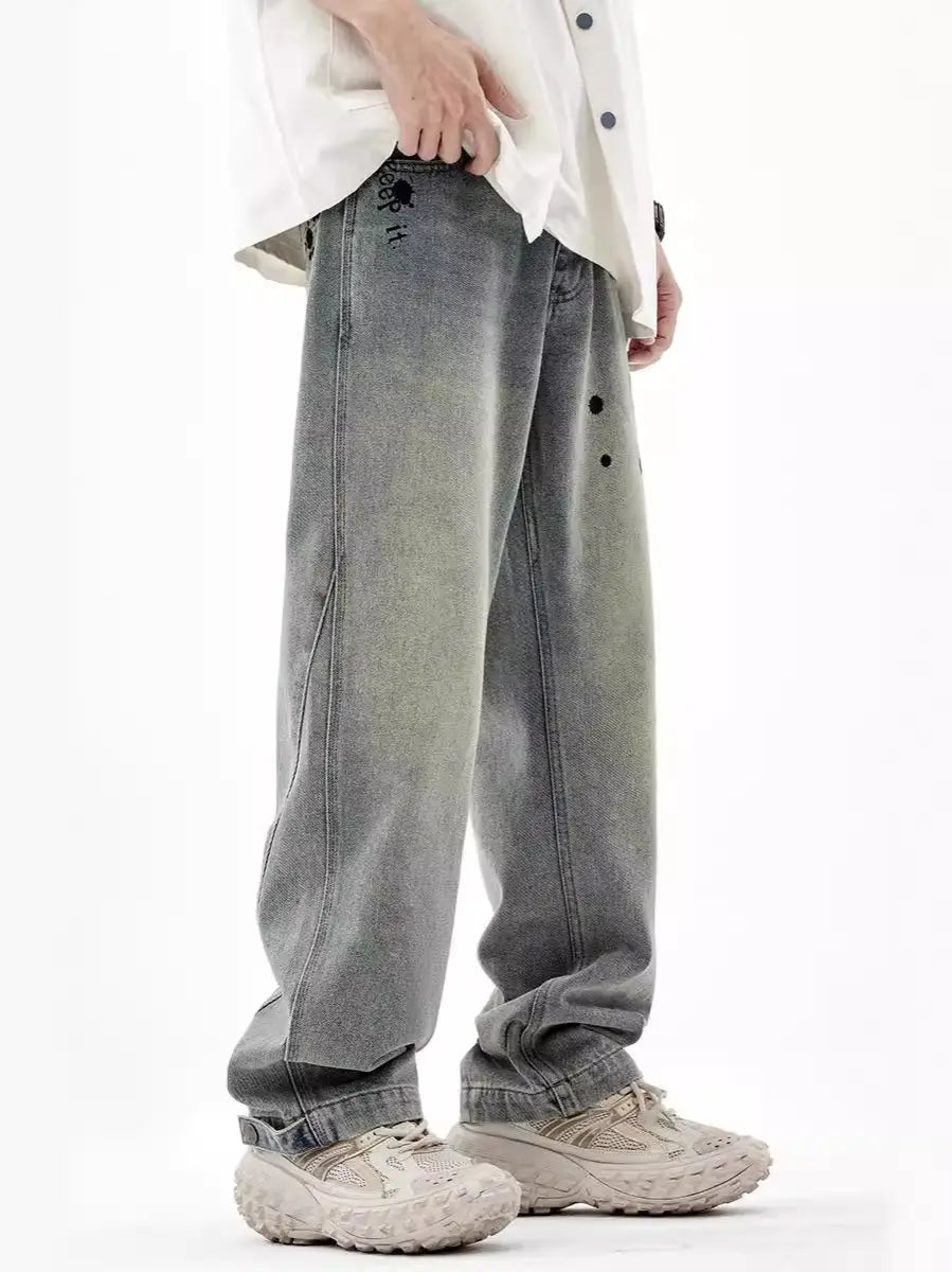 Men’s Washed Old Loose Wide-leg Straight Pants
