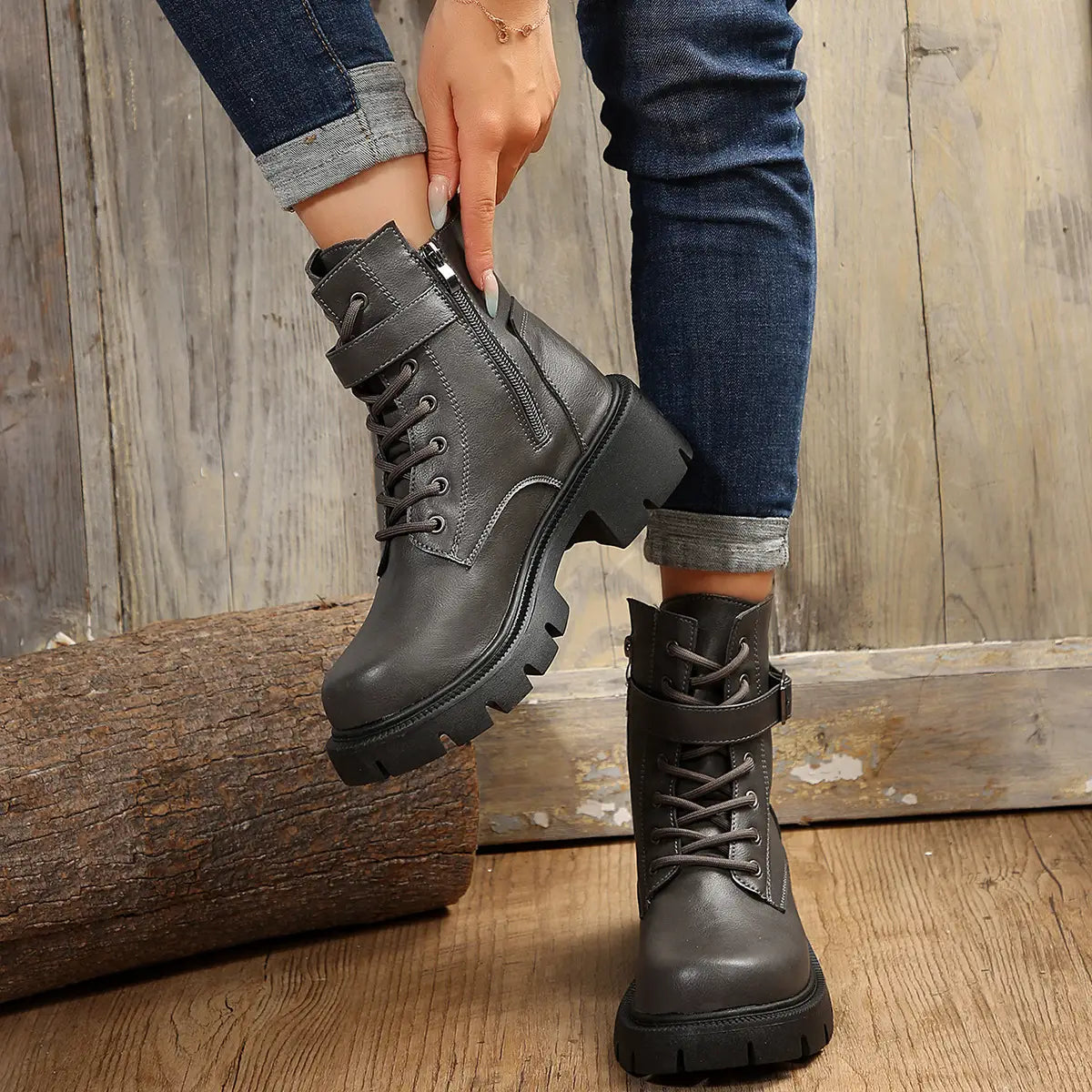 Martin Boots For Women Autumn And Winter New Plus Size Round Head Chunky Heel Casual Mid-calf