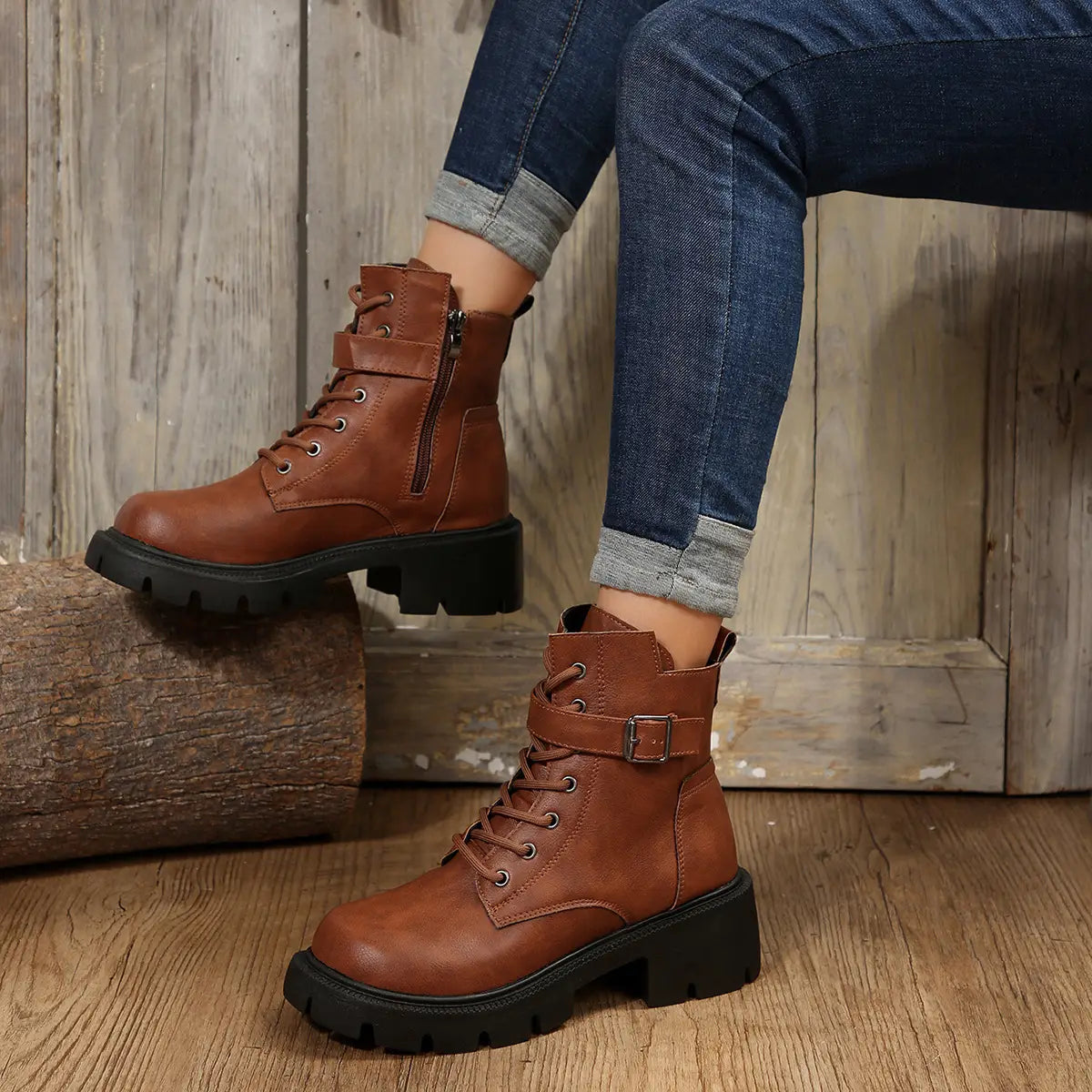 Martin Boots For Women Autumn And Winter New Plus Size Round Head Chunky Heel Casual Mid-calf
