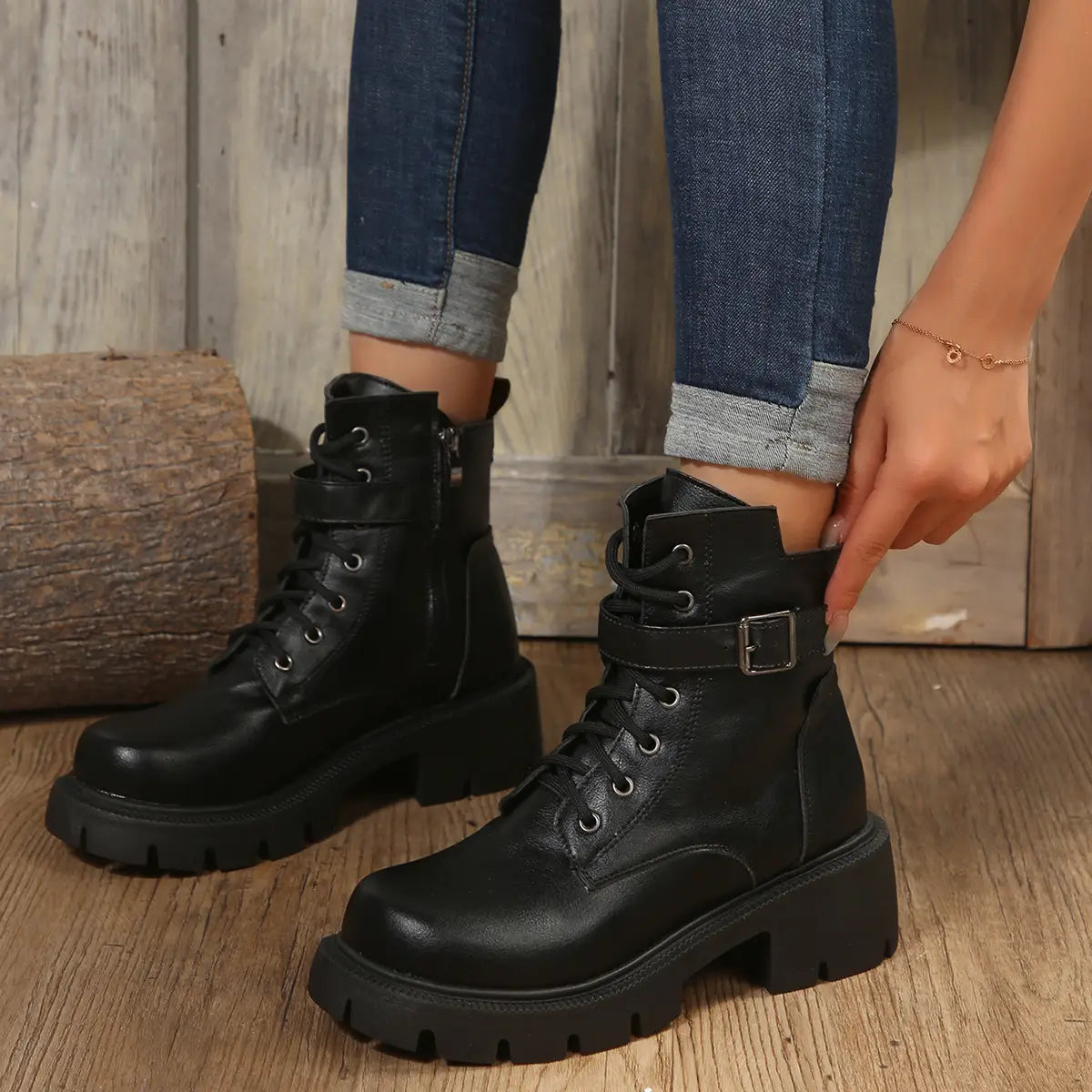 Martin Boots For Women Autumn And Winter New Plus Size Round Head Chunky Heel Casual Mid-calf