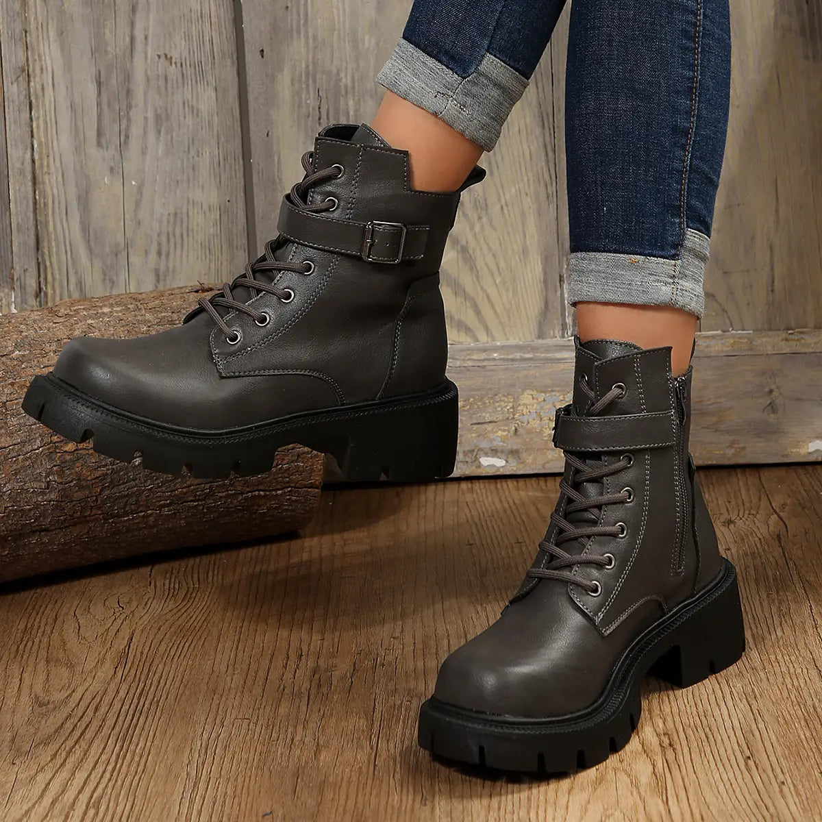 Martin Boots For Women Autumn And Winter New Plus Size Round Head Chunky Heel Casual Mid-calf