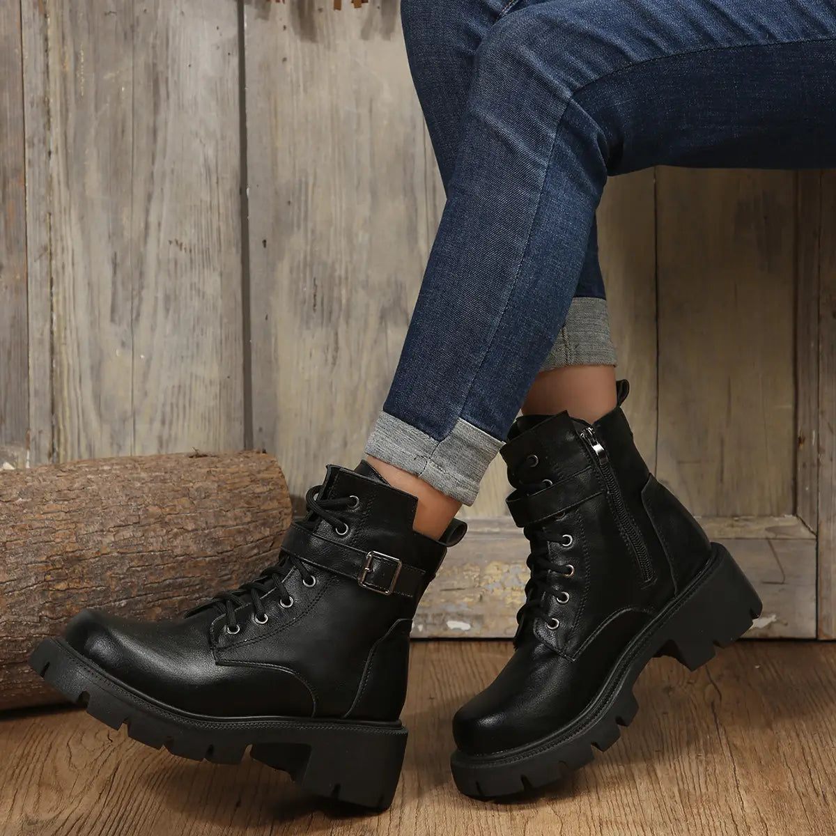 Martin Boots For Women Autumn And Winter New Plus Size Round Head Chunky Heel Casual Mid-calf