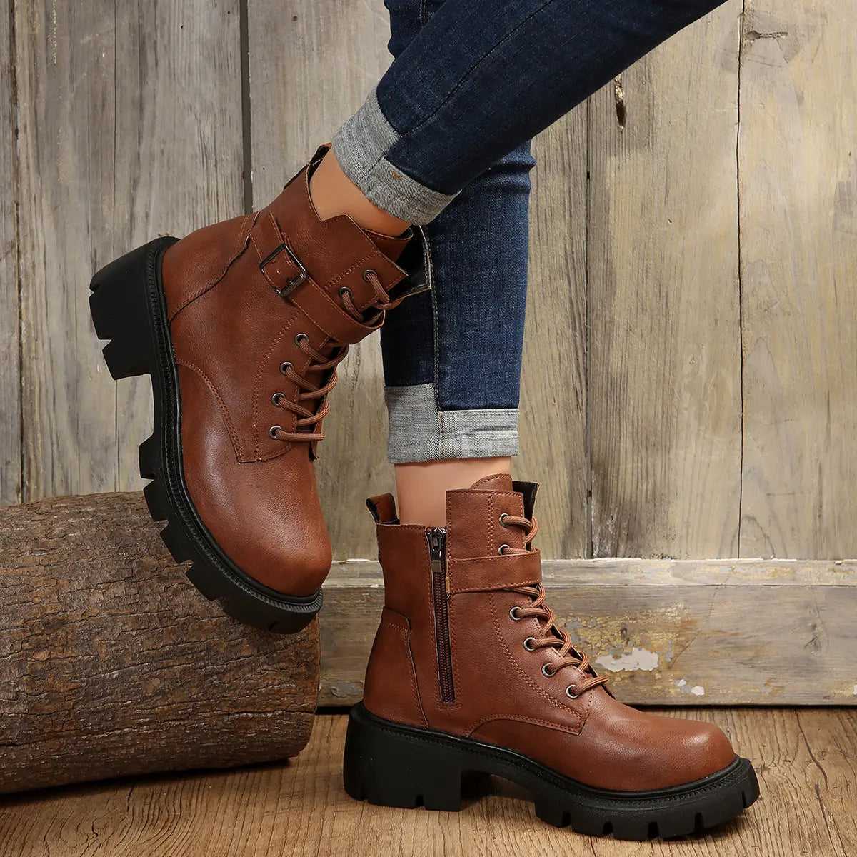 Martin Boots For Women Autumn And Winter New Plus Size Round Head Chunky Heel Casual Mid-calf