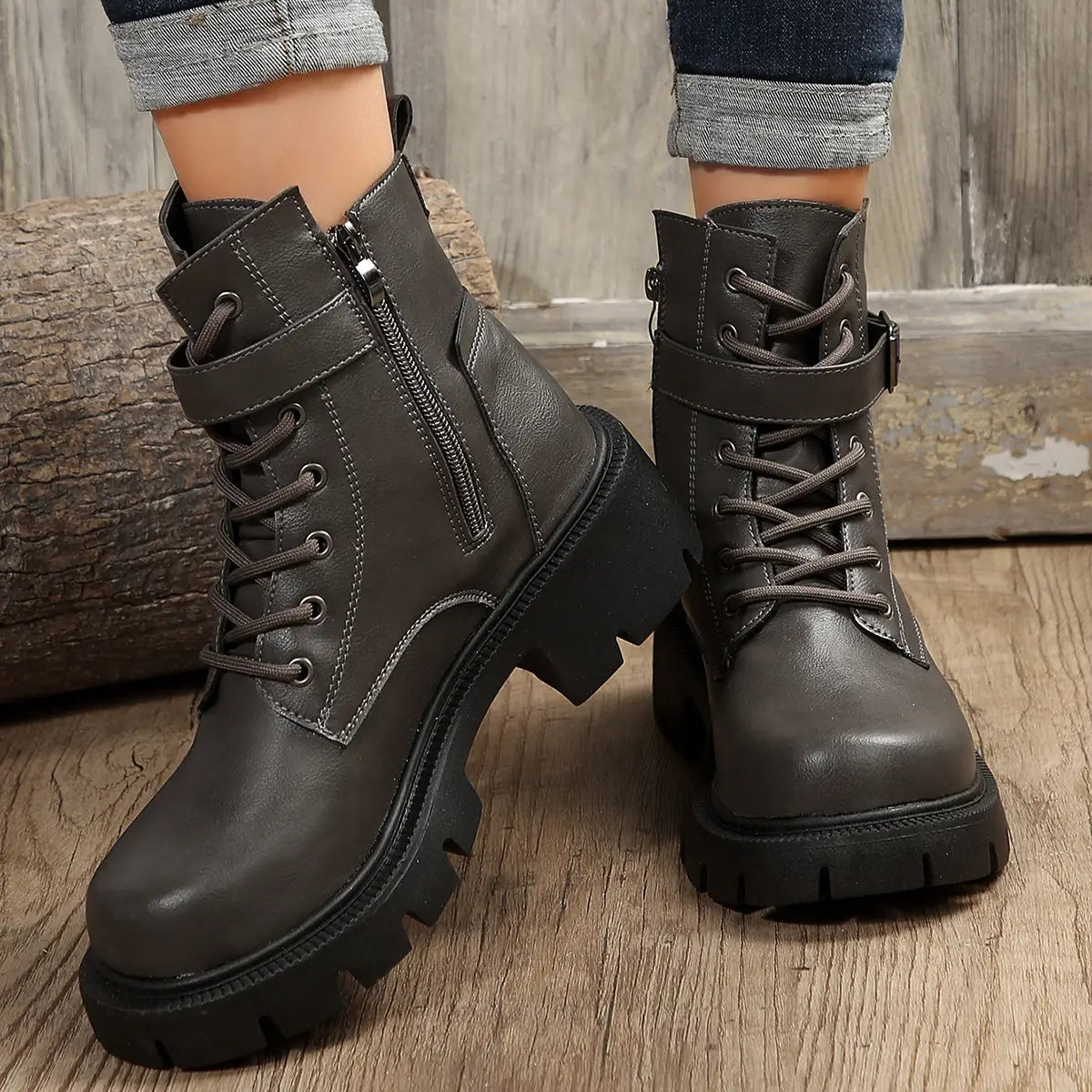 Martin Boots For Women Autumn And Winter New Plus Size Round Head Chunky Heel Casual Mid-calf