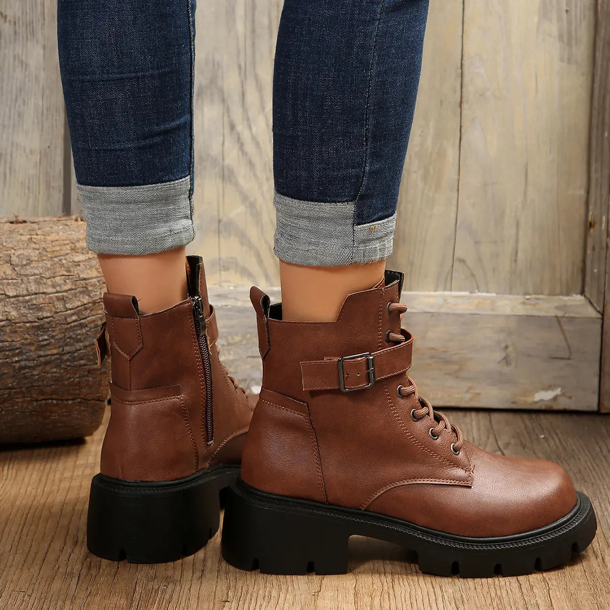 Martin Boots For Women Autumn And Winter New Plus Size Round Head Chunky Heel Casual Mid-calf