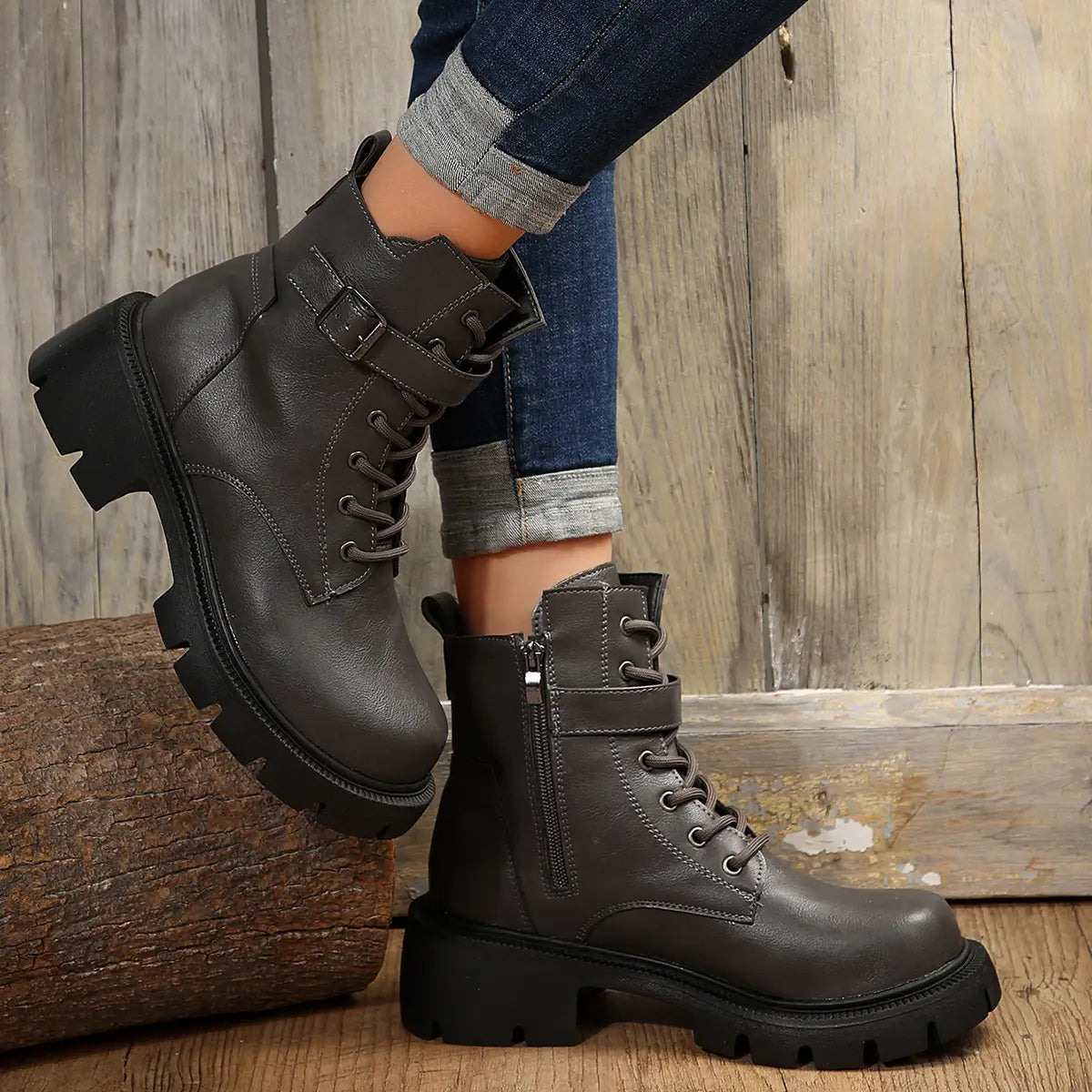 Martin Boots For Women Autumn And Winter New Plus Size Round Head Chunky Heel Casual Mid-calf