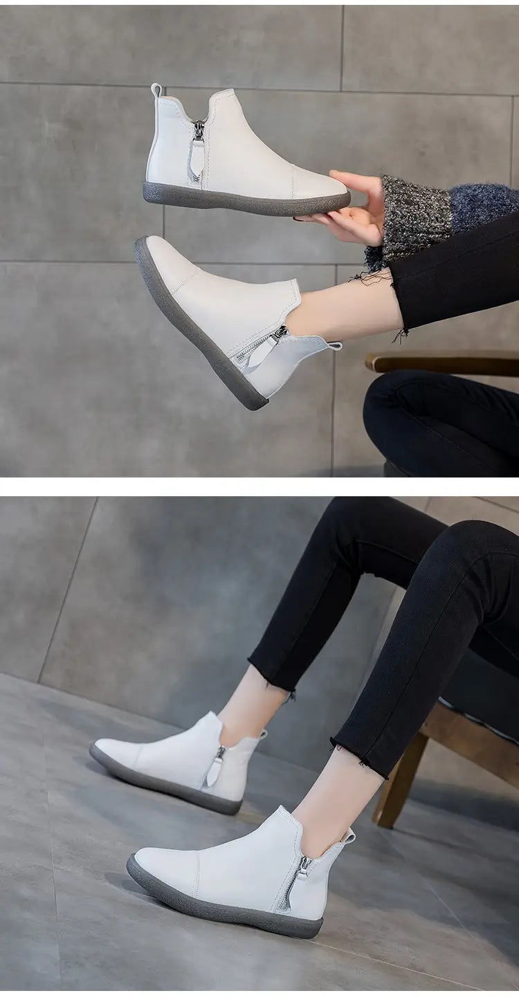 Velvet Padded All-matching Women’s Double Zipper White Shoes