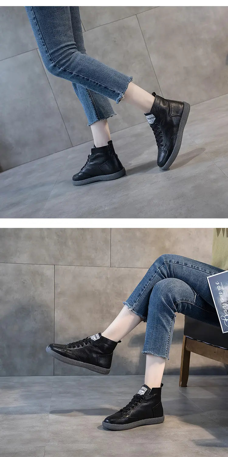 Ankle Boots Plus Size Autumn And Winter Wild Beef Tendon Soft Bottom Genuine Leather Shoes Flat Martens Boots