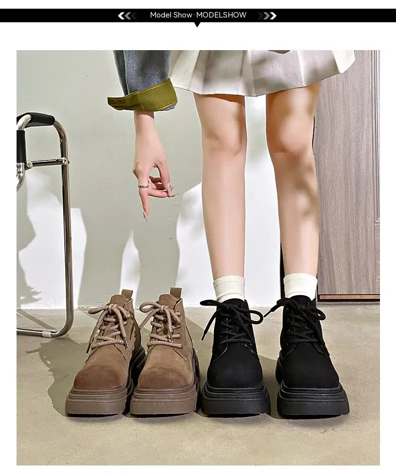 Women’s Thick-soled Lace-up Retro Matte Ankle Trendy Cool British Fan Boots