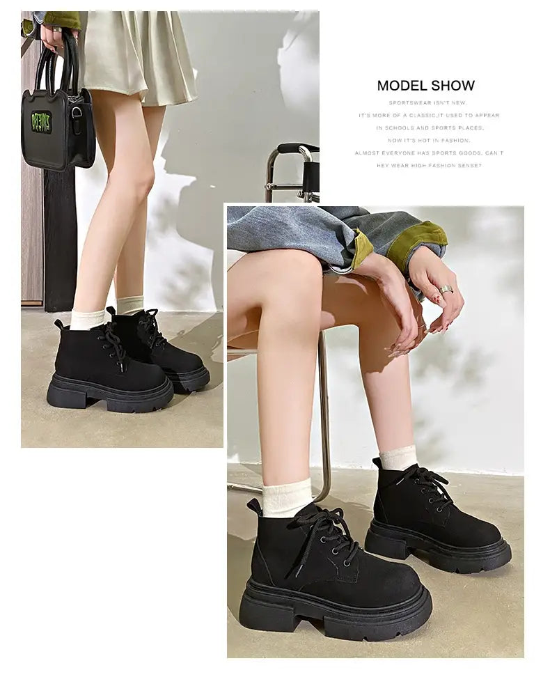 Women’s Thick-soled Lace-up Retro Matte Ankle Trendy Cool British Fan Boots