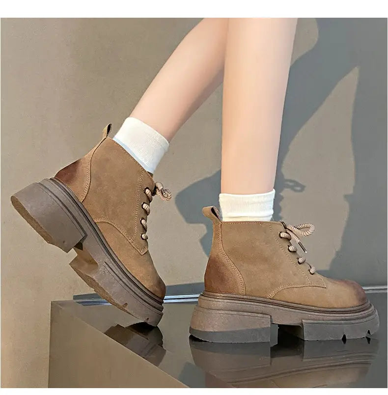 Women’s Thick-soled Lace-up Retro Matte Ankle Trendy Cool British Fan Boots