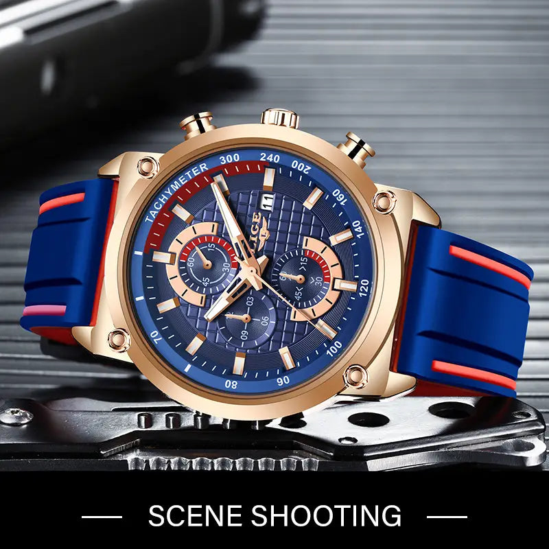 New Creative Design Blue Watches Men Luxury Quartz Wristwatch Stainless Steel Chronograph Sport Men Watch Relogio