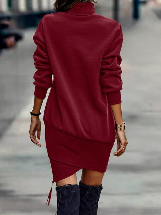 Long Sleeve Dress Solid Color High Neck Cross Short Dress Womens Clothing