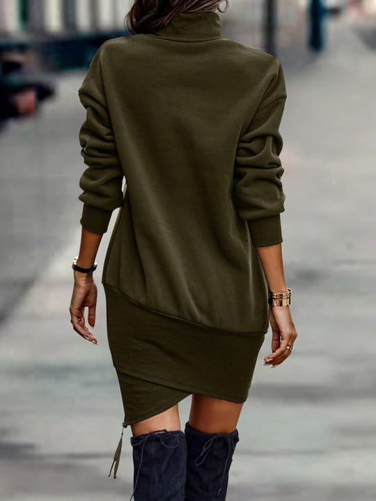 Long Sleeve Dress Solid Color High Neck Cross Short Dress Womens Clothing