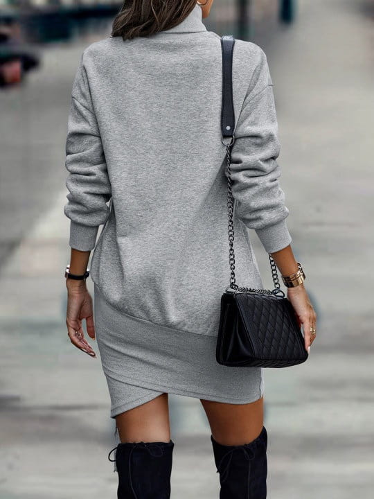 Long Sleeve Dress Solid Color High Neck Cross Short Dress Womens Clothing