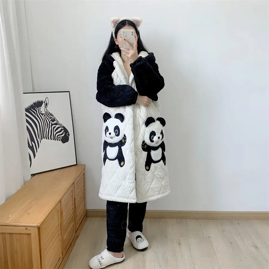 Couple Pajamas Men’s And Women’s Autumn And Winter Three-layer Thickened Cartoon Flannel Warm Loungewear Suit