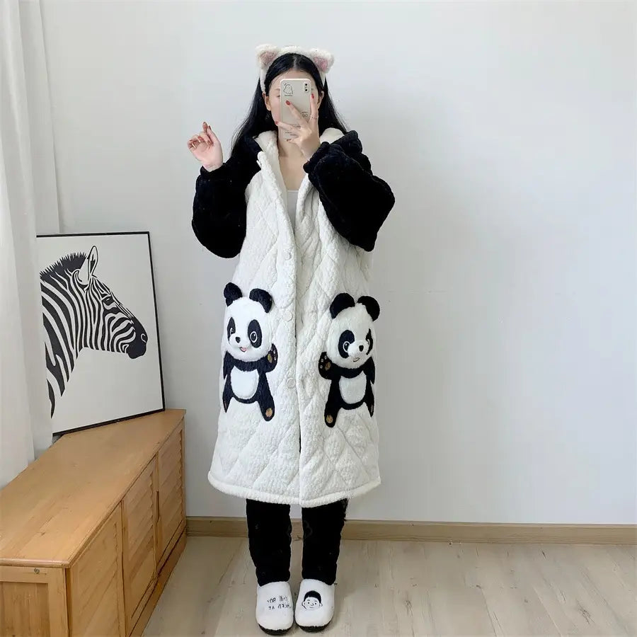 Couple Pajamas Men’s And Women’s Autumn And Winter Three-layer Thickened Cartoon Flannel Warm Loungewear Suit