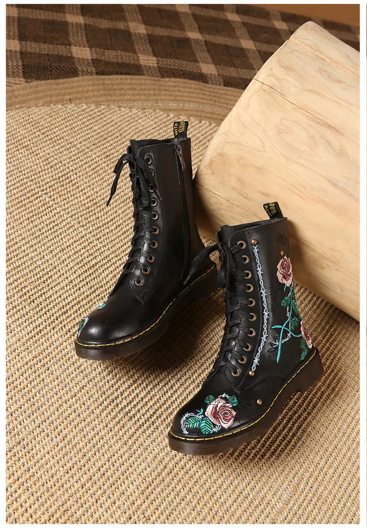 Women’s Round Toe Mid Heel Martin Side Zipper Muffin Bottom Booties Embroidery Ethnic Style Women’s Shoes