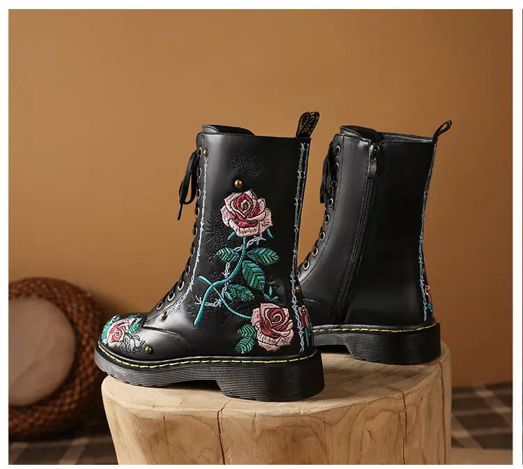 Women’s Round Toe Mid Heel Martin Side Zipper Muffin Bottom Booties Embroidery Ethnic Style Women’s Shoes