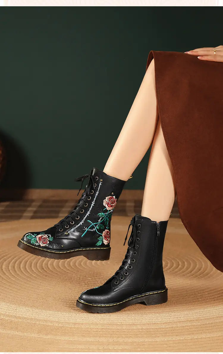 Women’s Round Toe Mid Heel Martin Side Zipper Muffin Bottom Booties Embroidery Ethnic Style Women’s Shoes