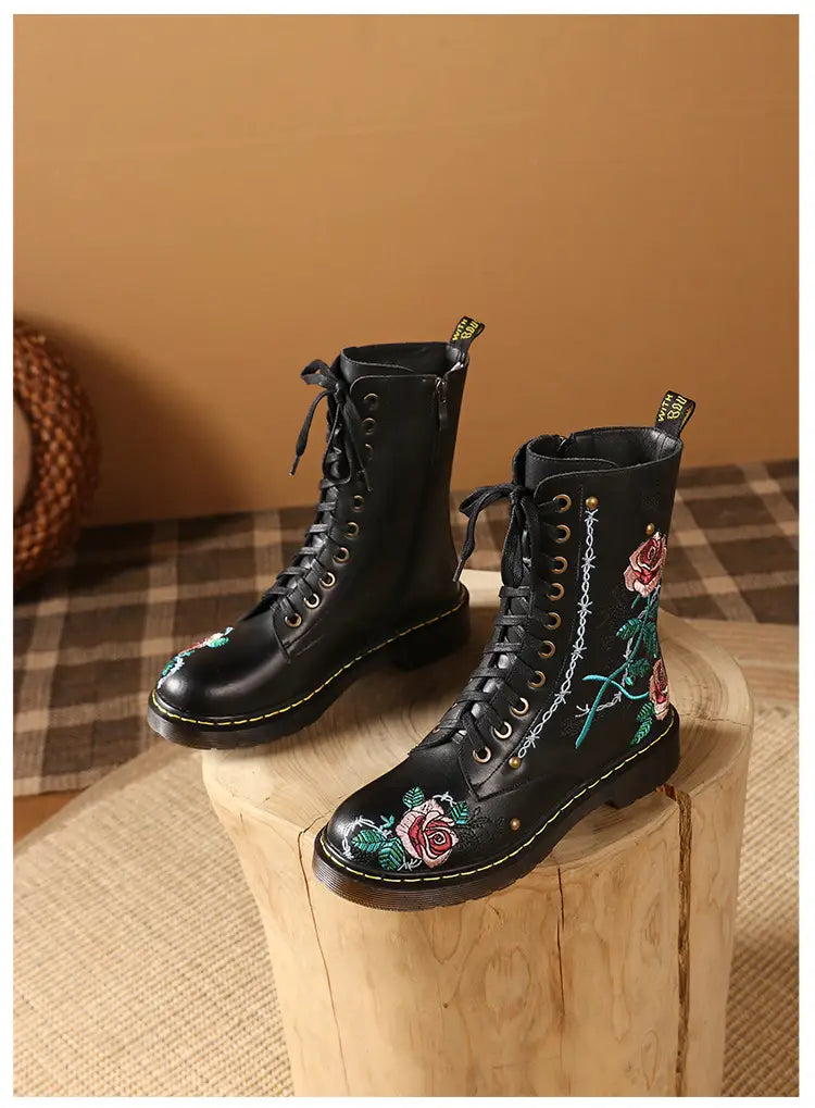 Women’s Round Toe Mid Heel Martin Side Zipper Muffin Bottom Booties Embroidery Ethnic Style Women’s Shoes