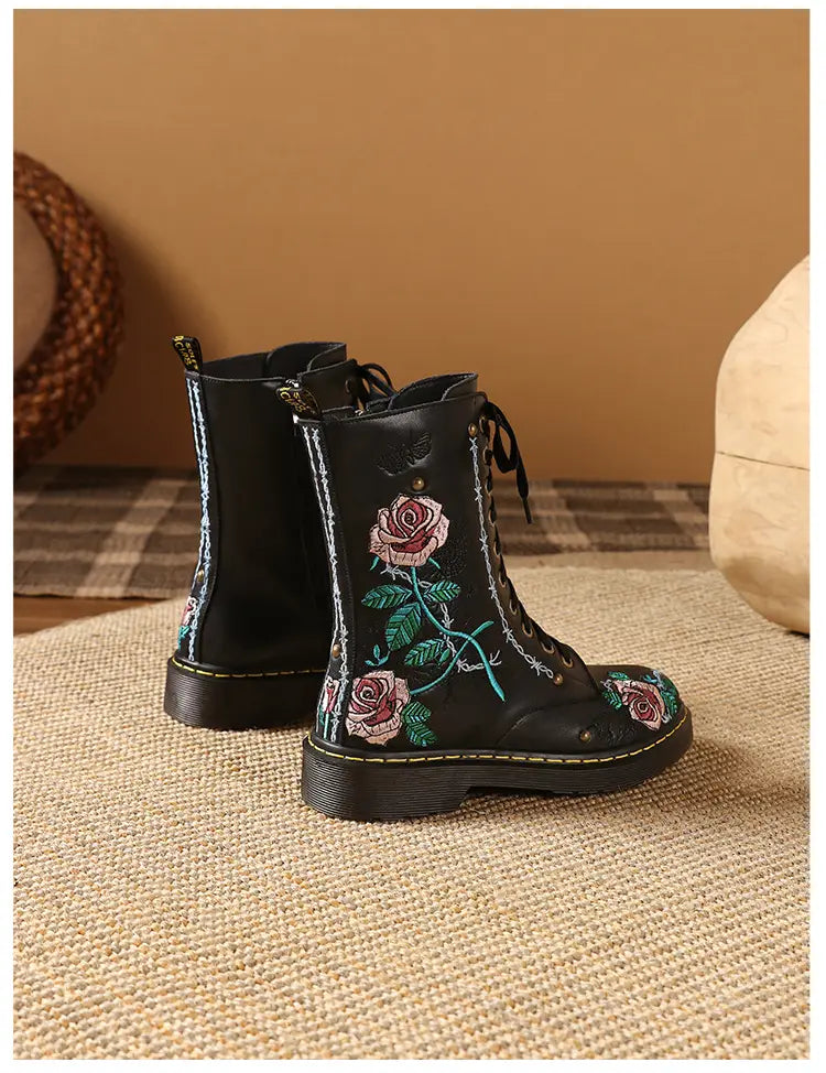 Women’s Round Toe Mid Heel Martin Side Zipper Muffin Bottom Booties Embroidery Ethnic Style Women’s Shoes