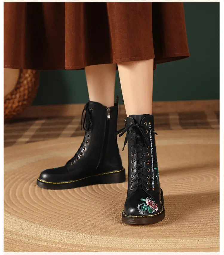 Women’s Round Toe Mid Heel Martin Side Zipper Muffin Bottom Booties Embroidery Ethnic Style Women’s Shoes