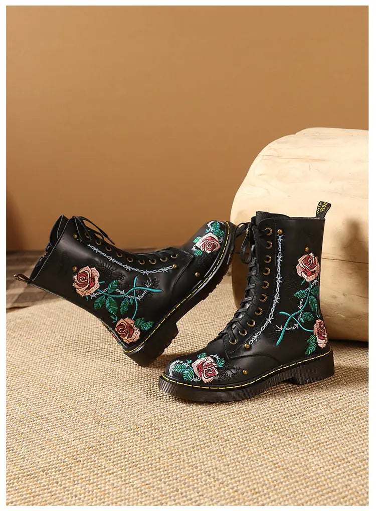 Women’s Round Toe Mid Heel Martin Side Zipper Muffin Bottom Booties Embroidery Ethnic Style Women’s Shoes