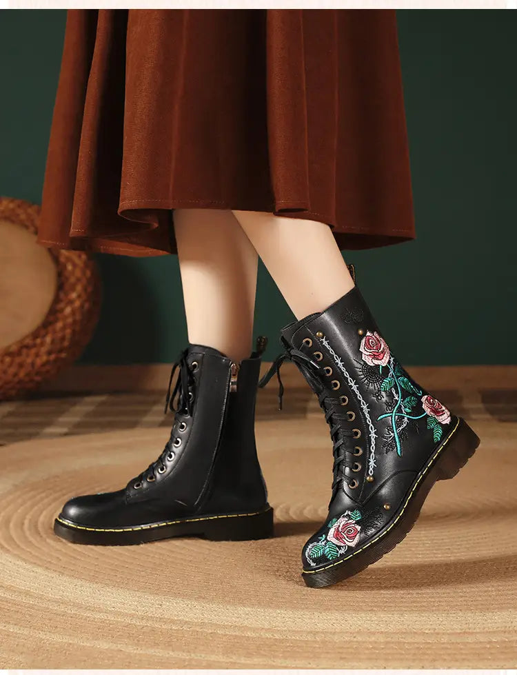 Women’s Round Toe Mid Heel Martin Side Zipper Muffin Bottom Booties Embroidery Ethnic Style Women’s Shoes
