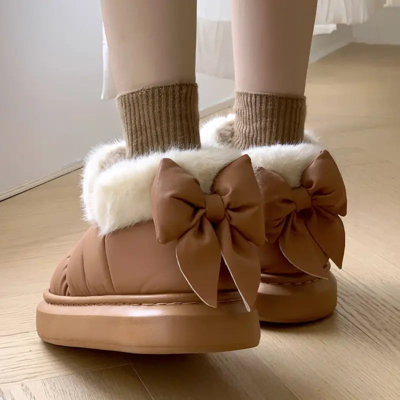 Winter Women Cute Warm Ankle Boots Outdoor Non-slip Thick Sole Snow Boots Furry Bow Cotton Shoes Men Pu Waterproof