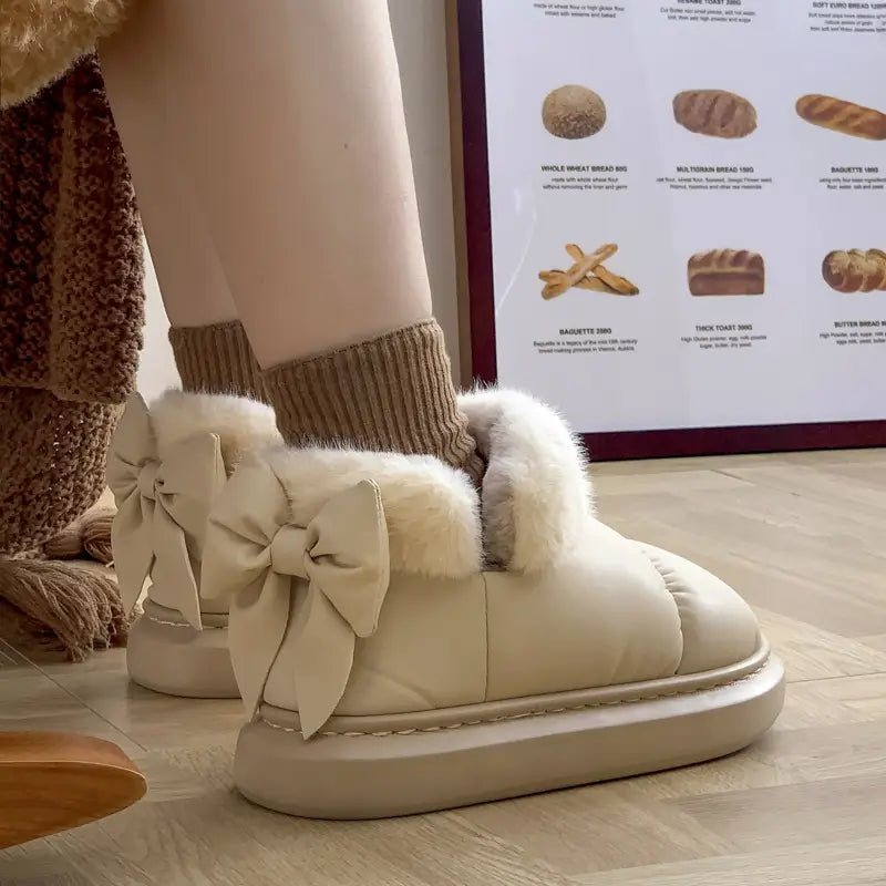 Winter Women Cute Warm Ankle Boots Outdoor Non-slip Thick Sole Snow Boots Furry Bow Cotton Shoes Men Pu Waterproof